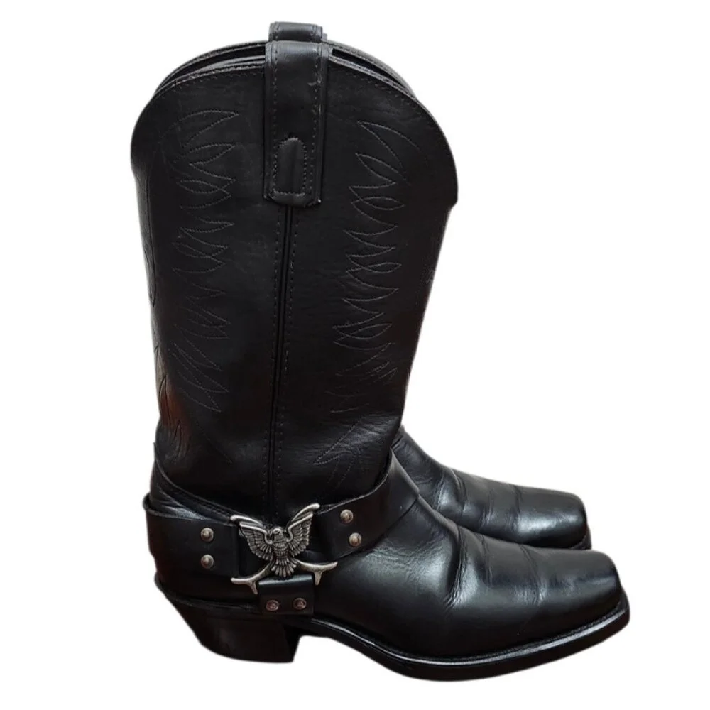 Texas USA Made Black Leather Western Harness Boots Eagle Detail Men’s 9